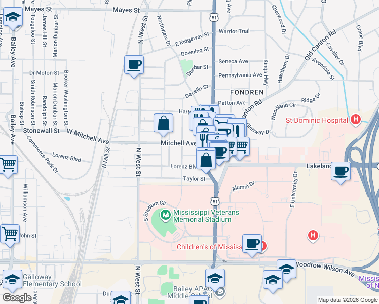 map of restaurants, bars, coffee shops, grocery stores, and more near 516 Fondren Place in Jackson