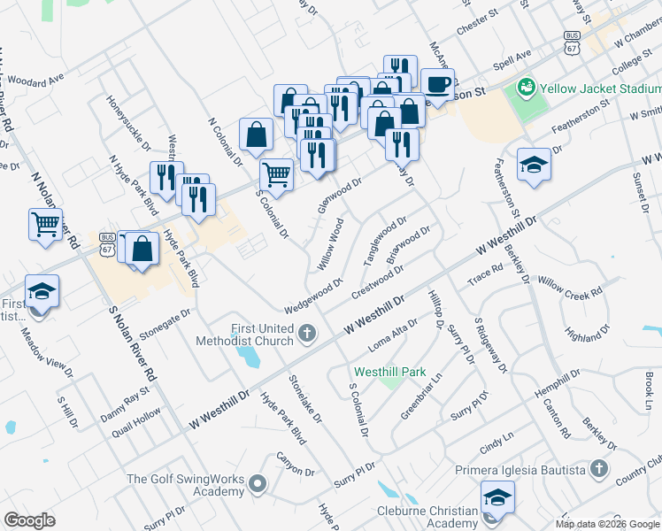 map of restaurants, bars, coffee shops, grocery stores, and more near 1247 Willowwood Drive in Cleburne