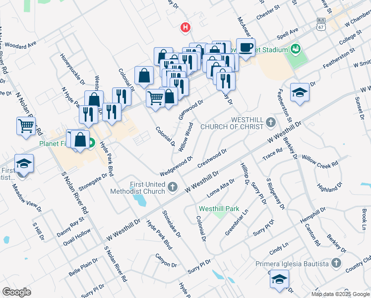 map of restaurants, bars, coffee shops, grocery stores, and more near 1247 Willowwood Drive in Cleburne