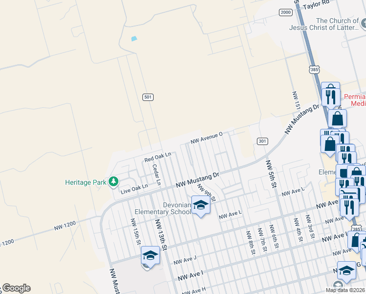 map of restaurants, bars, coffee shops, grocery stores, and more near 1523 Northwest 11th Street in Andrews