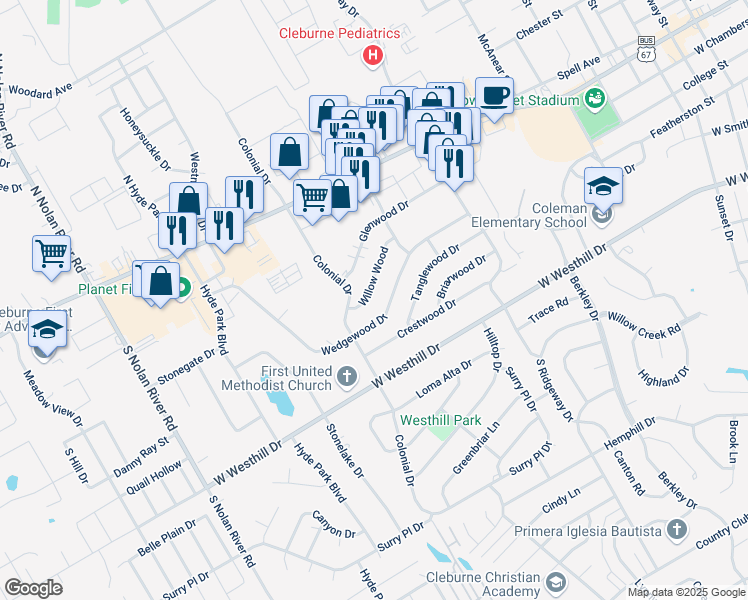 map of restaurants, bars, coffee shops, grocery stores, and more near 1247 Willow Wood in Cleburne