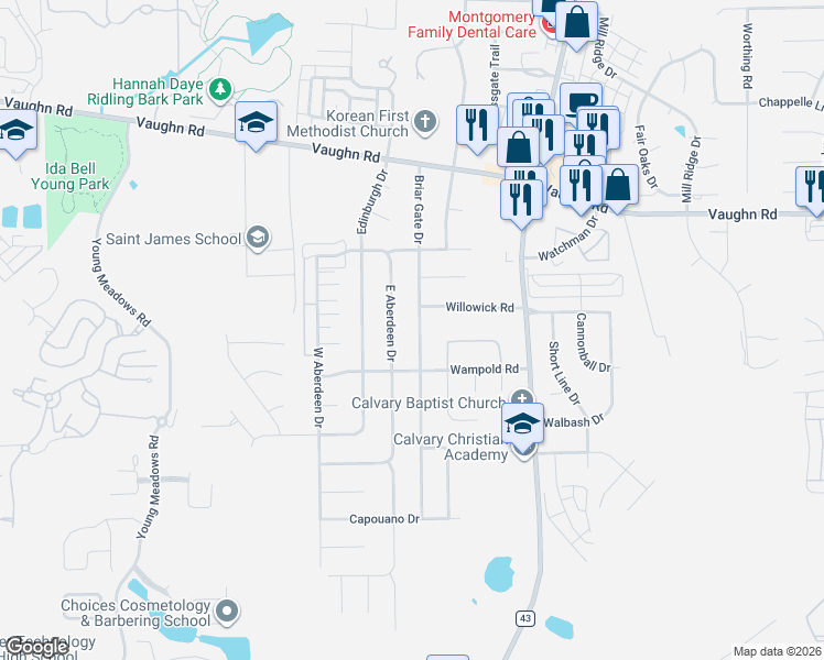 map of restaurants, bars, coffee shops, grocery stores, and more near 2160 Briar Gate Drive in Montgomery