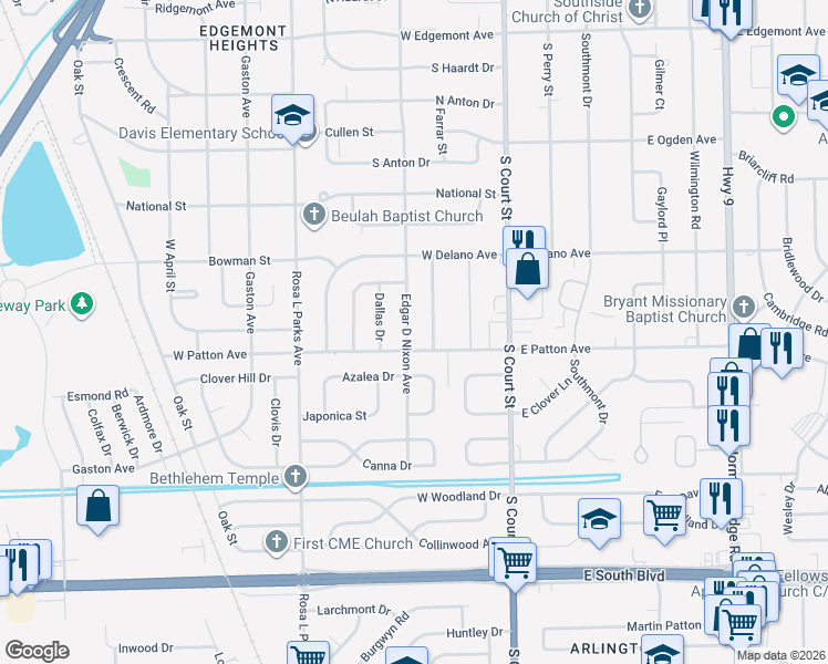 map of restaurants, bars, coffee shops, grocery stores, and more near 119 W Patton Ave in Montgomery
