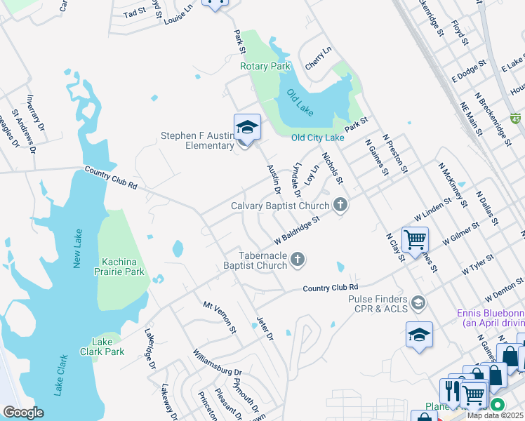 map of restaurants, bars, coffee shops, grocery stores, and more near 1214 Crestridge Dr in Ennis