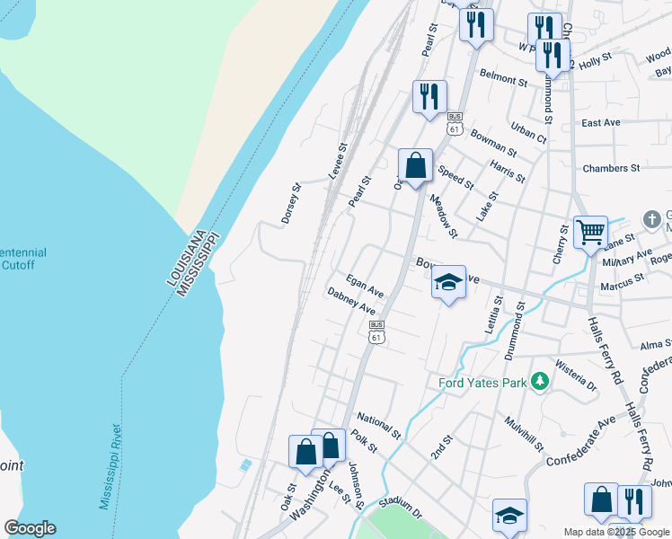 map of restaurants, bars, coffee shops, grocery stores, and more near 2700 Pearl Street in Vicksburg