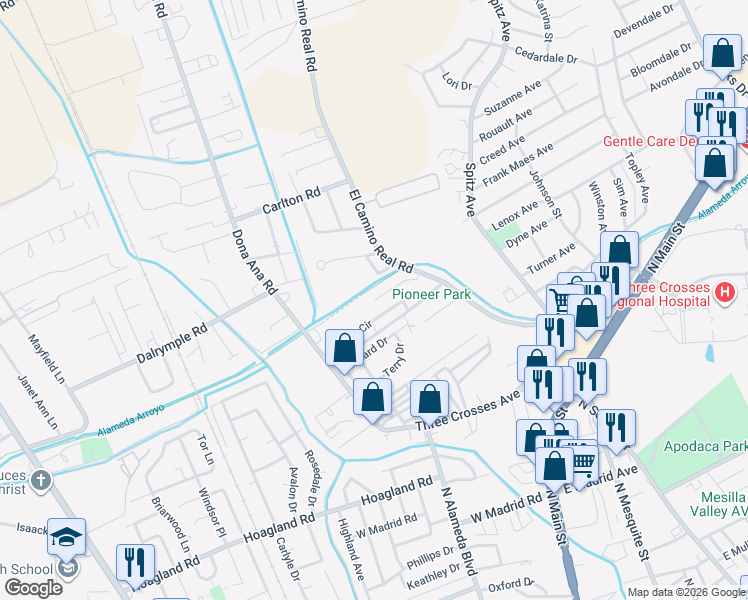 map of restaurants, bars, coffee shops, grocery stores, and more near 1507 Pradera Dorada Arc in Las Cruces
