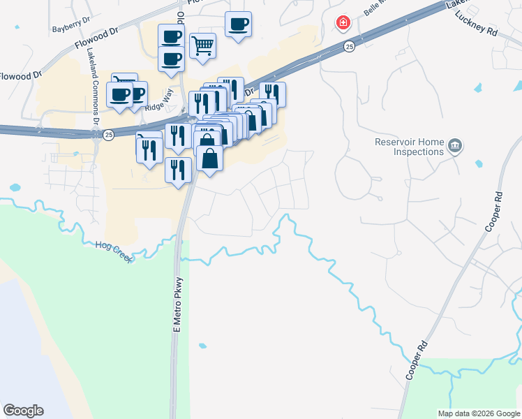 map of restaurants, bars, coffee shops, grocery stores, and more near 100 Dogwood Way in Pearl