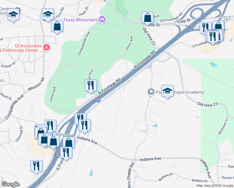 map of restaurants, bars, coffee shops, grocery stores, and more near 3200-3348 South Frontage Road in Vicksburg