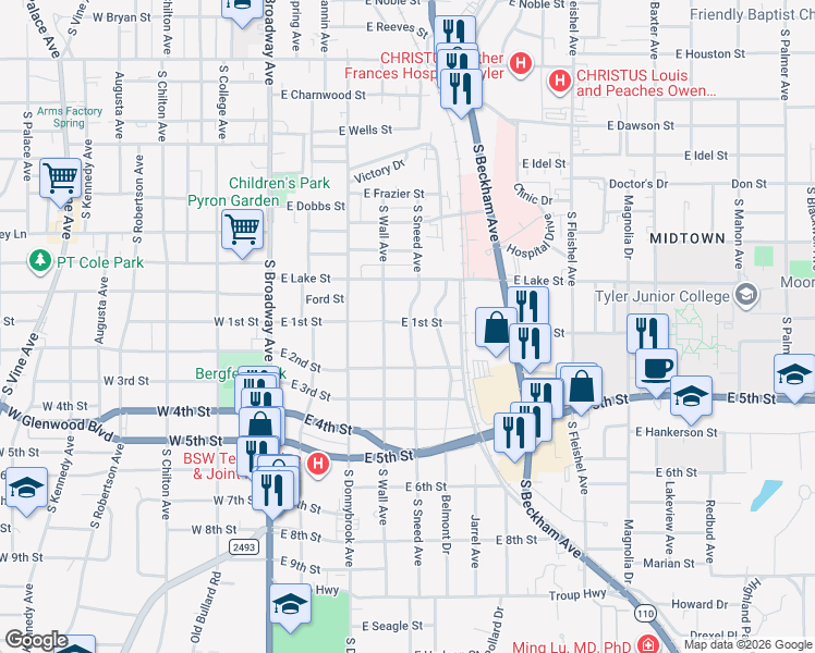 map of restaurants, bars, coffee shops, grocery stores, and more near 599 East 1st Street in Tyler