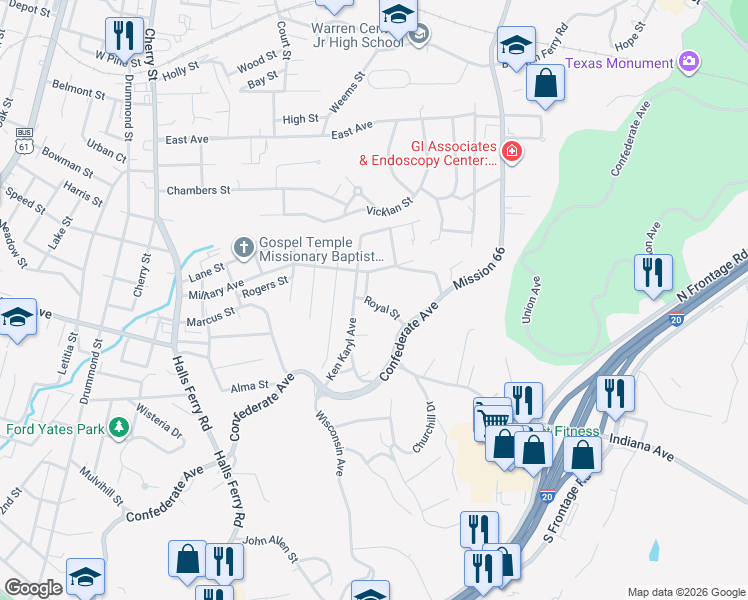 map of restaurants, bars, coffee shops, grocery stores, and more near 2605 Grant Street in Vicksburg