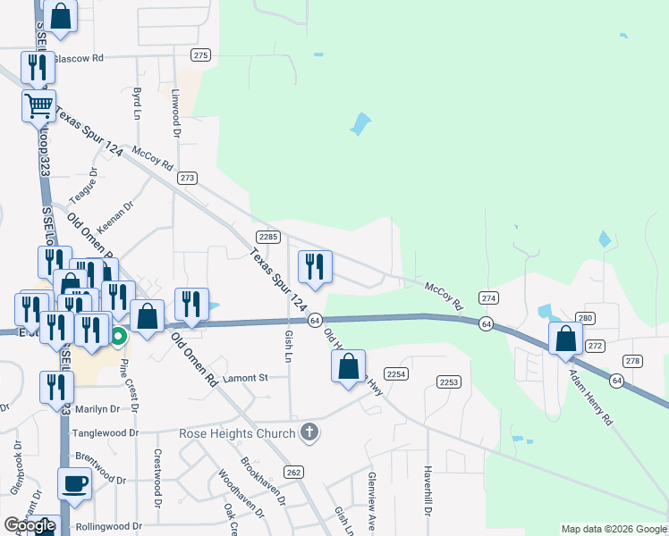 map of restaurants, bars, coffee shops, grocery stores, and more near 6616 Mc Coy Road in Tyler