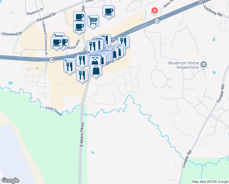 map of restaurants, bars, coffee shops, grocery stores, and more near 100 Dogwood Way in Pearl
