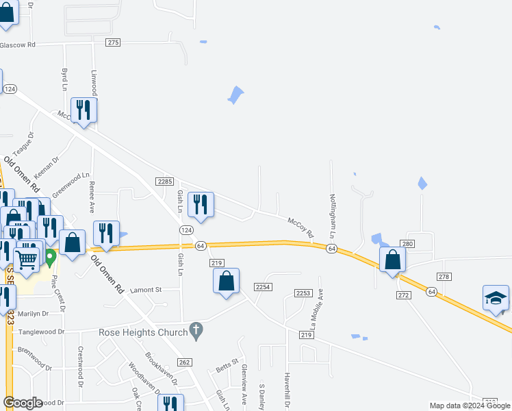 map of restaurants, bars, coffee shops, grocery stores, and more near 9220 Shadow Oak Drive in Tyler