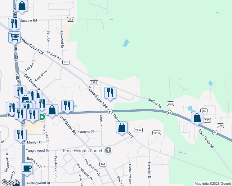 map of restaurants, bars, coffee shops, grocery stores, and more near 6616 Mc Coy Road in Tyler