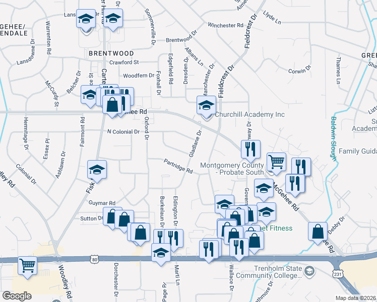 map of restaurants, bars, coffee shops, grocery stores, and more near 2401 Gladlane Drive in Montgomery