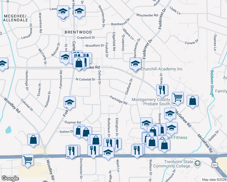 map of restaurants, bars, coffee shops, grocery stores, and more near 2630 Clement Curve in Montgomery