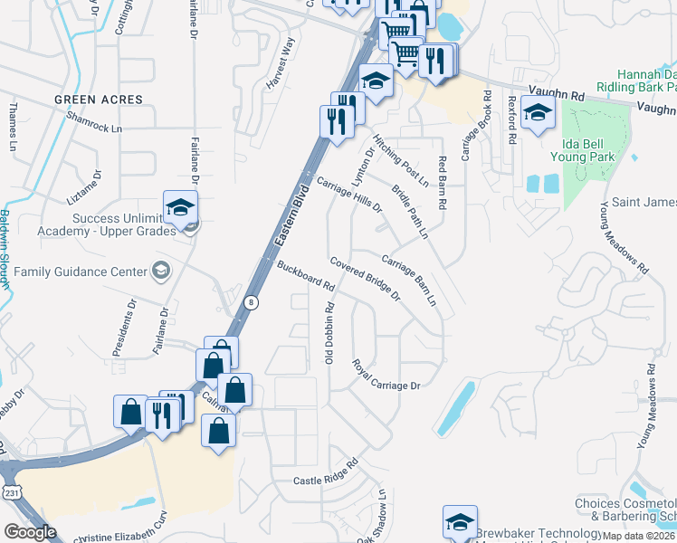 map of restaurants, bars, coffee shops, grocery stores, and more near 3166 Covered Bridge Drive in Montgomery