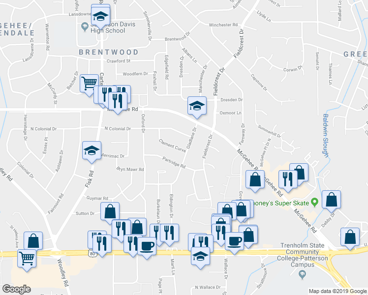 map of restaurants, bars, coffee shops, grocery stores, and more near 2401 Gladlane Drive in Montgomery