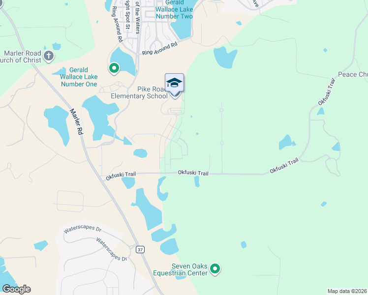 map of restaurants, bars, coffee shops, grocery stores, and more near 500 Avenue of Learning in Pike Road