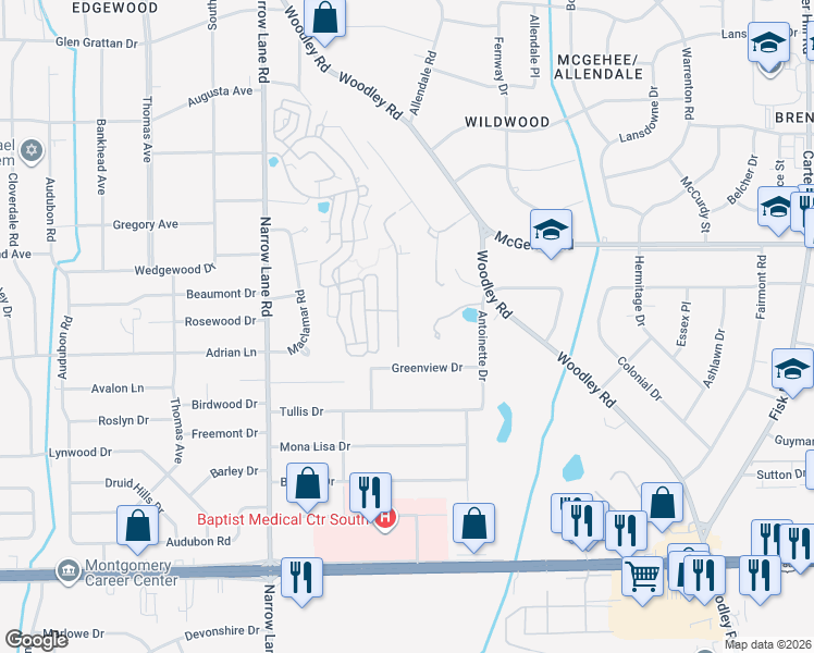 map of restaurants, bars, coffee shops, grocery stores, and more near 2503 Gunster Rd in Montgomery