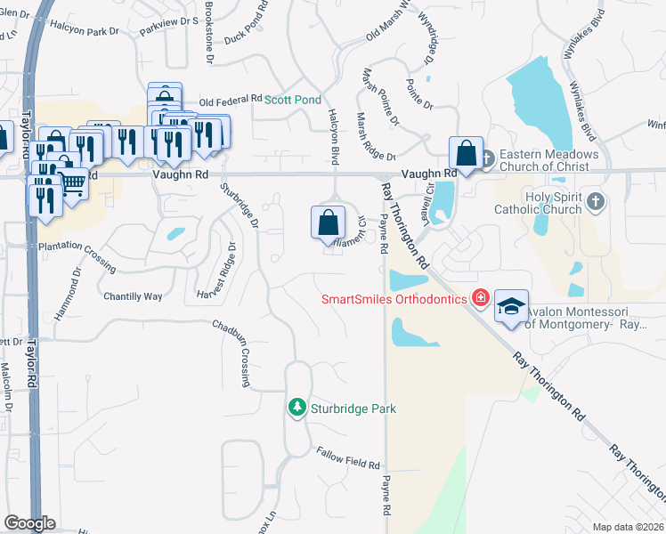 map of restaurants, bars, coffee shops, grocery stores, and more near 3170 Parliament Circle in Montgomery