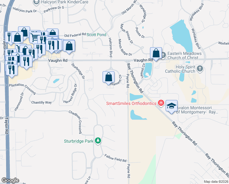 map of restaurants, bars, coffee shops, grocery stores, and more near 3170 Parliament Circle in Montgomery