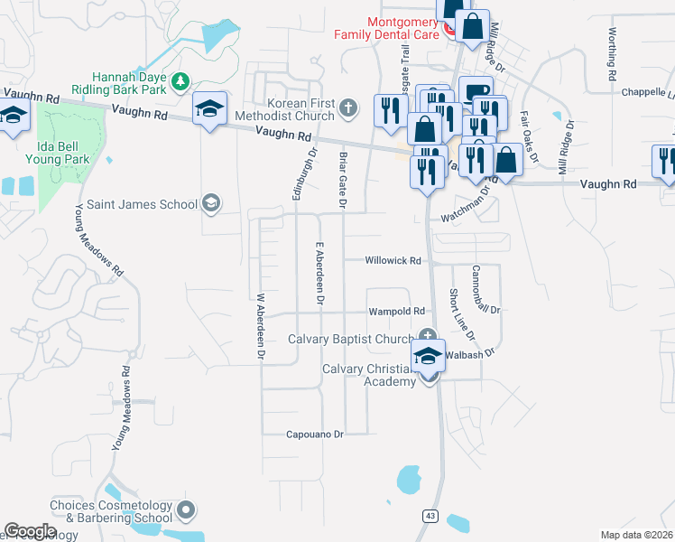 map of restaurants, bars, coffee shops, grocery stores, and more near 2132 Briar Gate Drive in Montgomery