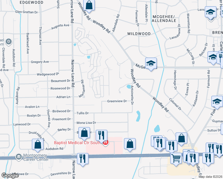 map of restaurants, bars, coffee shops, grocery stores, and more near 2503 Gunster Rd in Montgomery