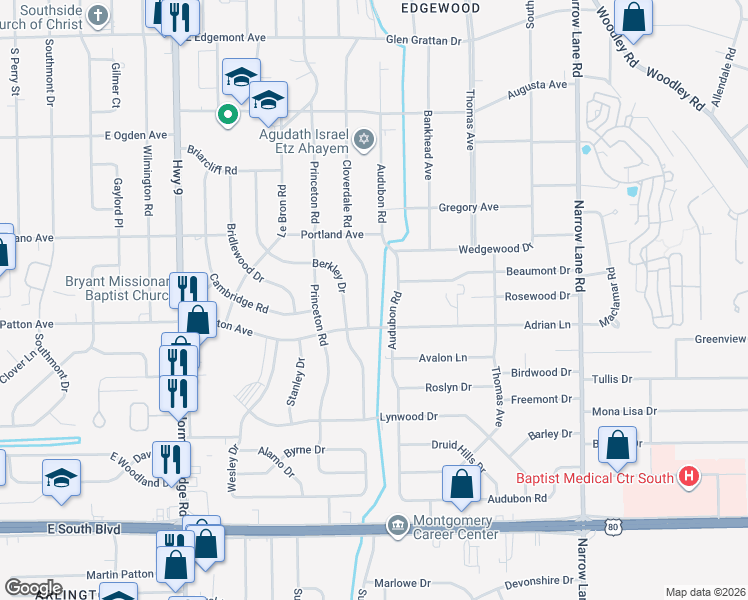 map of restaurants, bars, coffee shops, grocery stores, and more near 3628 East Audubon Road in Montgomery
