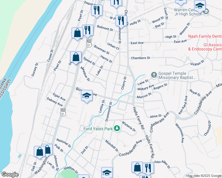 map of restaurants, bars, coffee shops, grocery stores, and more near 2506 Letitia Street in Vicksburg