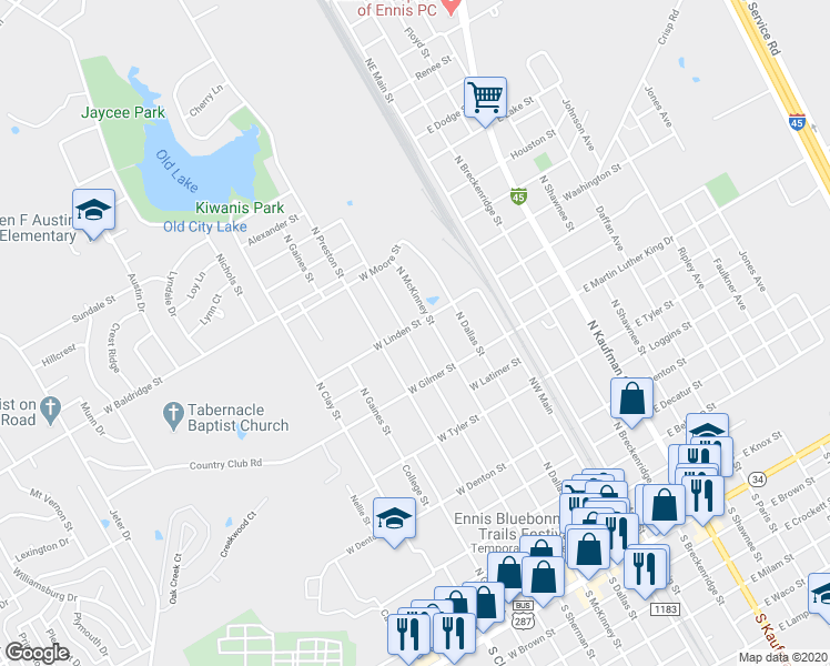 map of restaurants, bars, coffee shops, grocery stores, and more near 1206 North Sherman Street in Ennis