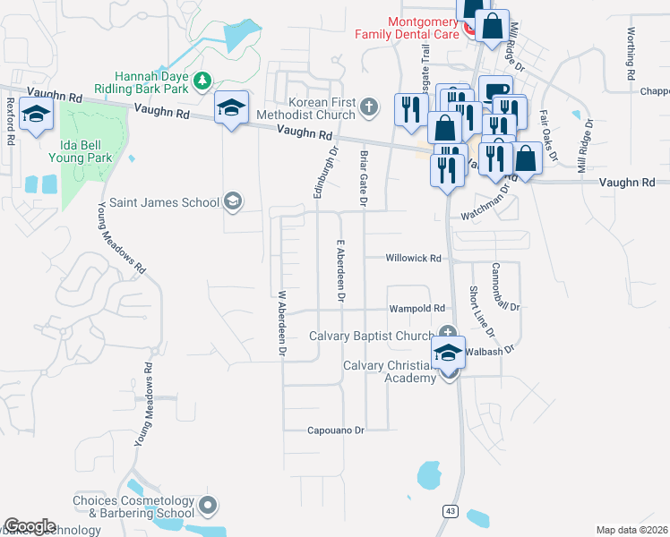 map of restaurants, bars, coffee shops, grocery stores, and more near 2132 East Aberdeen Drive in Montgomery