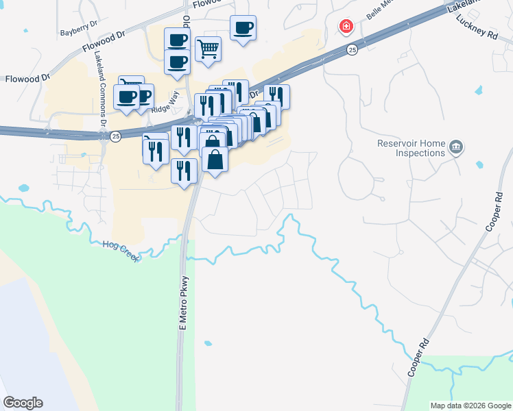 map of restaurants, bars, coffee shops, grocery stores, and more near 100 Dogwood Way in Pearl