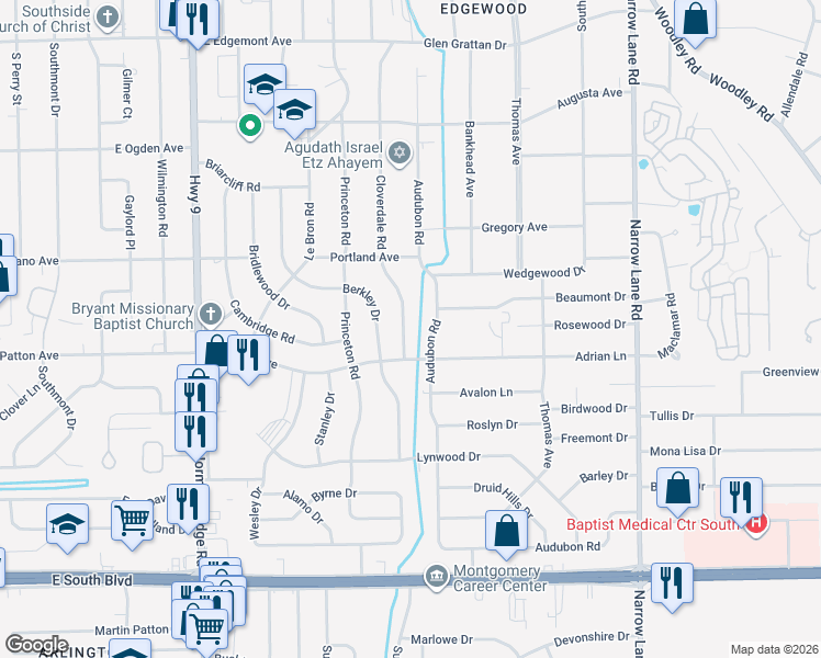 map of restaurants, bars, coffee shops, grocery stores, and more near 3628 East Audubon Road in Montgomery