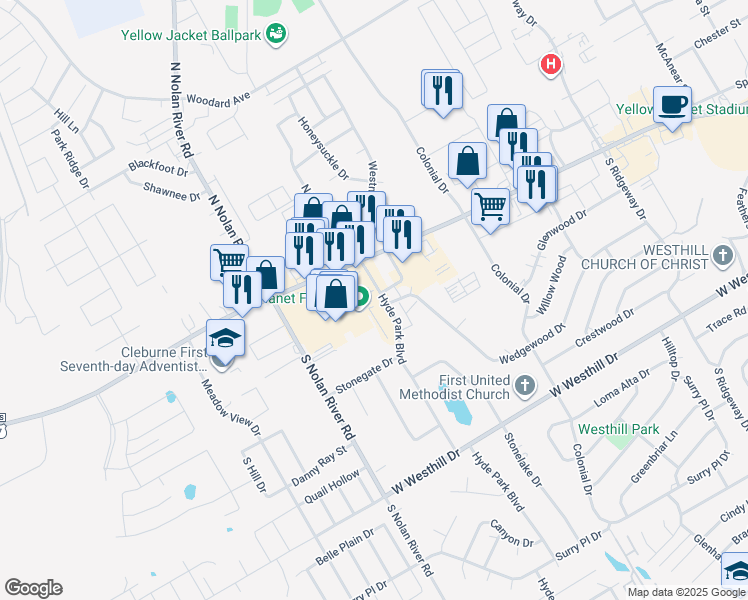 map of restaurants, bars, coffee shops, grocery stores, and more near Mall Drive in Cleburne