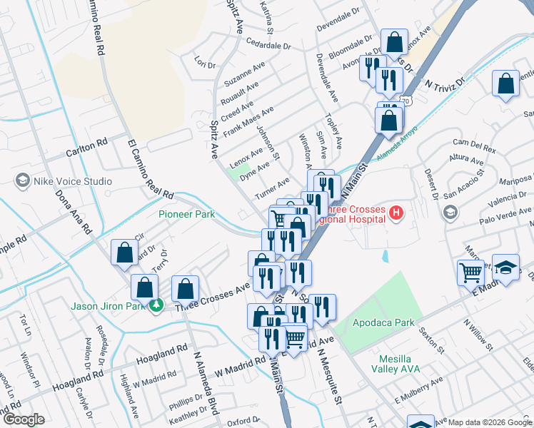 map of restaurants, bars, coffee shops, grocery stores, and more near 606 Cielo Vista Court in Las Cruces