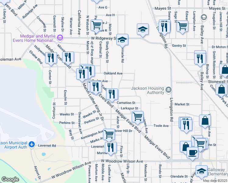 map of restaurants, bars, coffee shops, grocery stores, and more near 3317 Pocahontas Avenue in Jackson