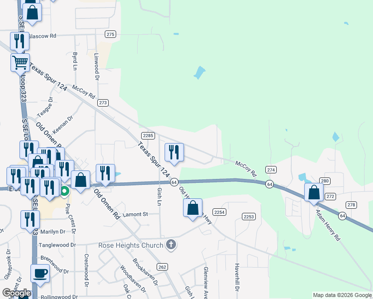 map of restaurants, bars, coffee shops, grocery stores, and more near 6616 Mc Coy Road in Tyler