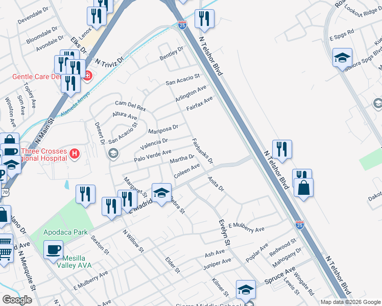 map of restaurants, bars, coffee shops, grocery stores, and more near 1742-1748 Palo Verde Avenue in Las Cruces