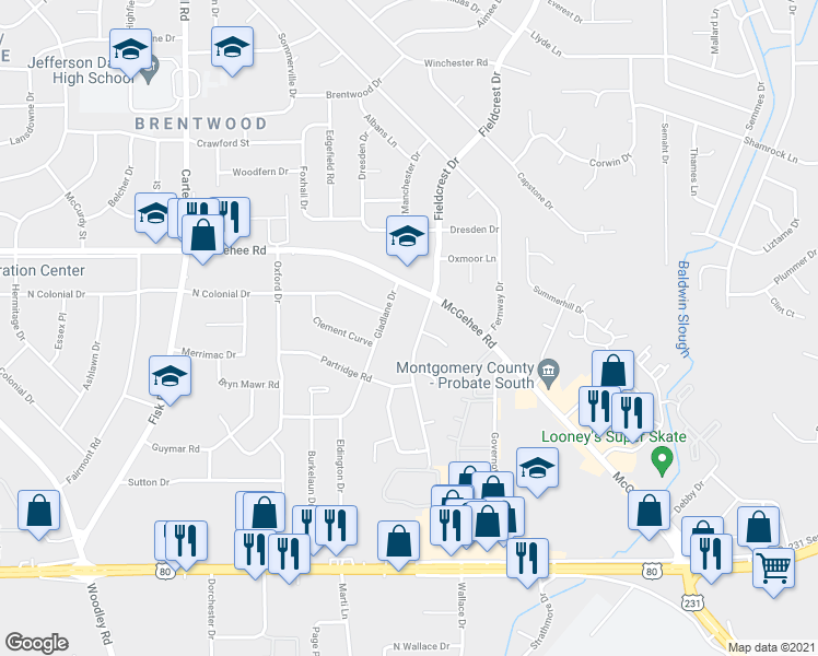 map of restaurants, bars, coffee shops, grocery stores, and more near 3732 Fieldcrest Drive in Montgomery
