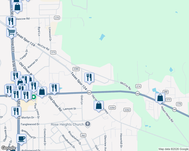 map of restaurants, bars, coffee shops, grocery stores, and more near 6616 Mc Coy Road in Tyler