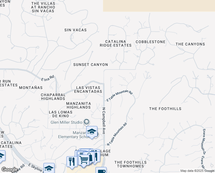 map of restaurants, bars, coffee shops, grocery stores, and more near 7107 North Chimney Rock Place in Tucson