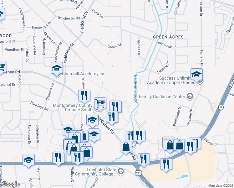 map of restaurants, bars, coffee shops, grocery stores, and more near 3505-3509 Heatherbrooke Court in Montgomery