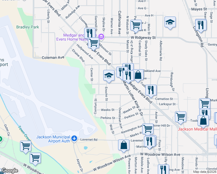 map of restaurants, bars, coffee shops, grocery stores, and more near 1339 Oak Park Drive in Jackson