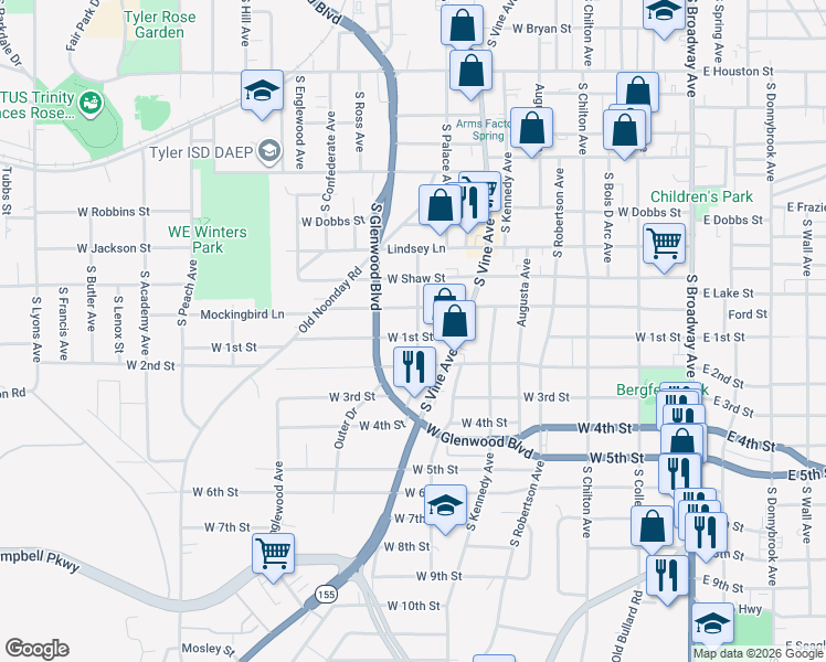map of restaurants, bars, coffee shops, grocery stores, and more near 1003 West 1st Street in Tyler