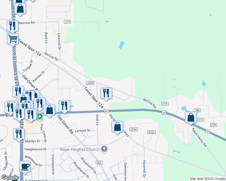 map of restaurants, bars, coffee shops, grocery stores, and more near 6616 Mc Coy Road in Tyler