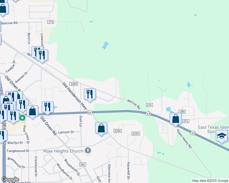 map of restaurants, bars, coffee shops, grocery stores, and more near 9200 Shadow Oak Drive in Tyler