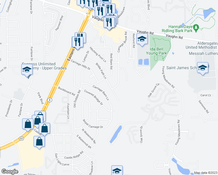 map of restaurants, bars, coffee shops, grocery stores, and more near 5840 Bridle Path Lane in Montgomery