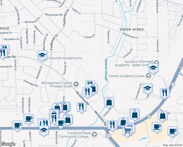 map of restaurants, bars, coffee shops, grocery stores, and more near 3505-3509 Heatherbrooke Court in Montgomery