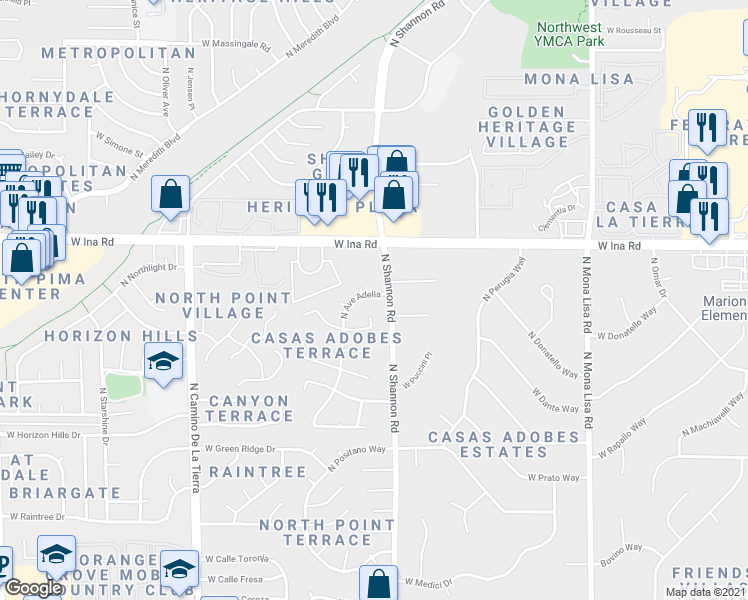 map of restaurants, bars, coffee shops, grocery stores, and more near 7086 North Avenue Adella in Tucson
